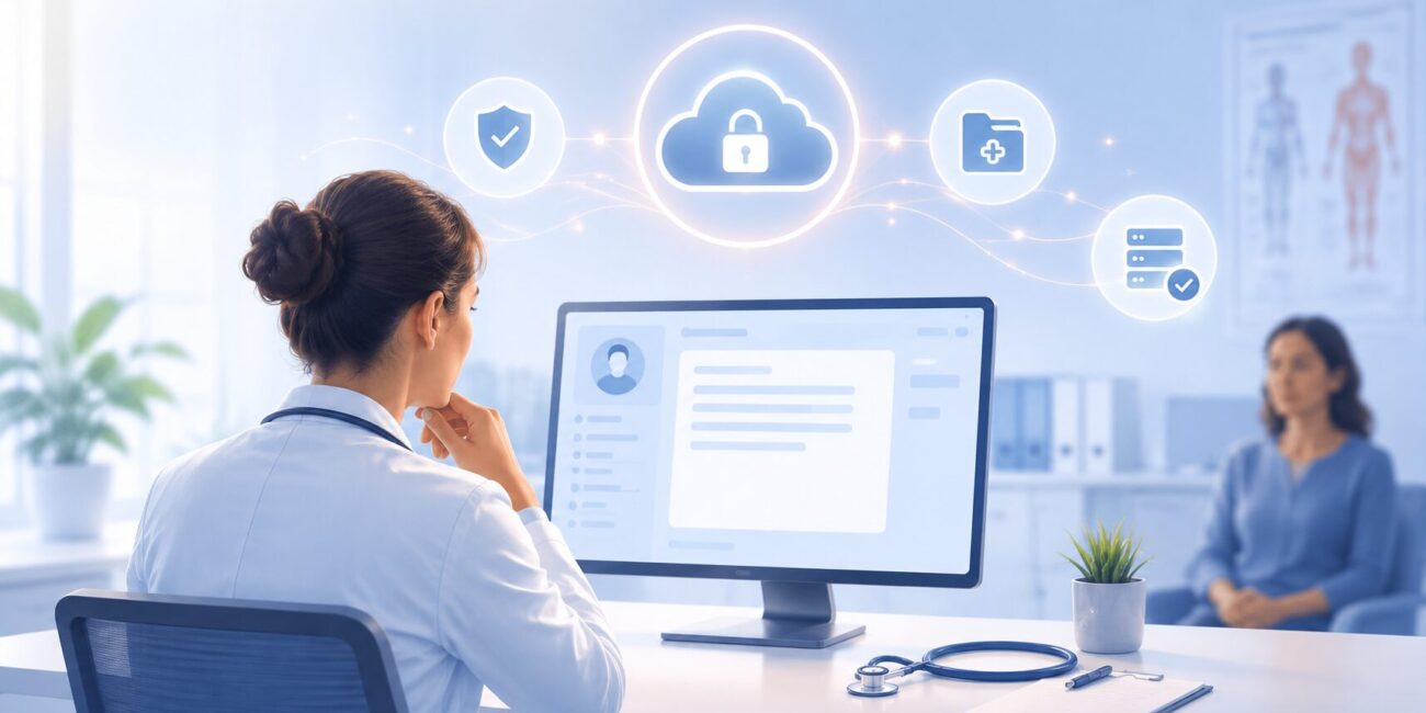 Médecin utilisant un logiciel médical avec hébergement sécurisé des données de santé