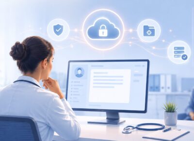 Médecin utilisant un logiciel médical avec hébergement sécurisé des données de santé