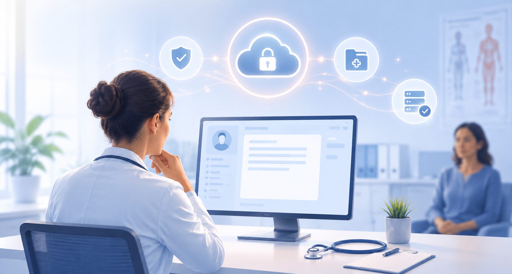 Médecin utilisant un logiciel médical avec hébergement sécurisé des données de santé