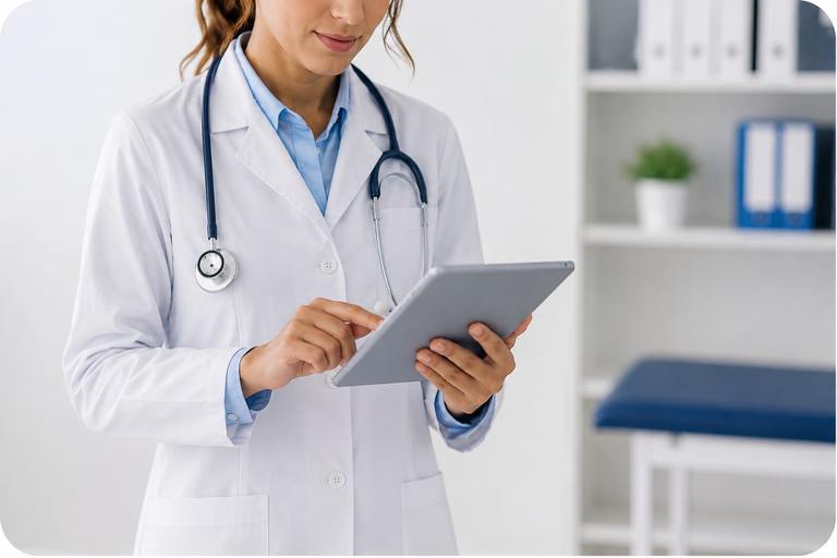 Médecin spécialiste utilisant une tablette dans son cabinet