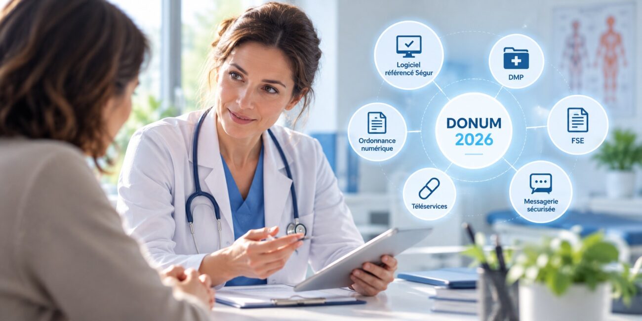 Une médecin en blouse blanche échange avec une patiente et lui présente une tablette, autour du programme DONUM 2026 : logiciel référencé Ségur, DMP, FSE, ordonnance numérique, téléservices et messagerie sécurisée.