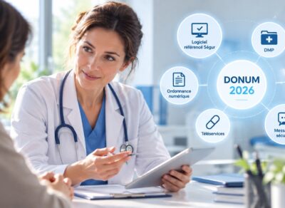 Une médecin en blouse blanche échange avec une patiente et lui présente une tablette, autour du programme DONUM 2026 : logiciel référencé Ségur, DMP, FSE, ordonnance numérique, téléservices et messagerie sécurisée.