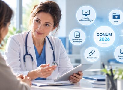Une médecin en blouse blanche échange avec une patiente et lui présente une tablette, autour du programme DONUM 2026 : logiciel référencé Ségur, DMP, FSE, ordonnance numérique, téléservices et messagerie sécurisée.