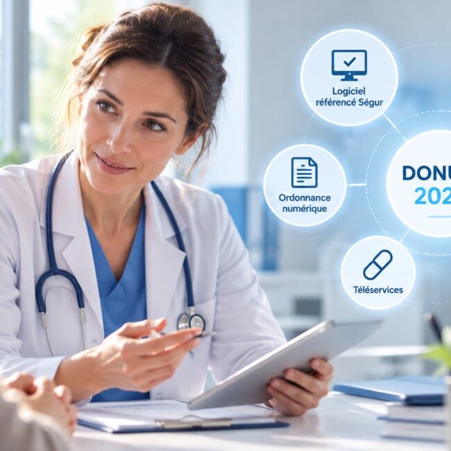 Une médecin en blouse blanche échange avec une patiente et lui présente une tablette, autour du programme DONUM 2026 : logiciel référencé Ségur, DMP, FSE, ordonnance numérique, téléservices et messagerie sécurisée.