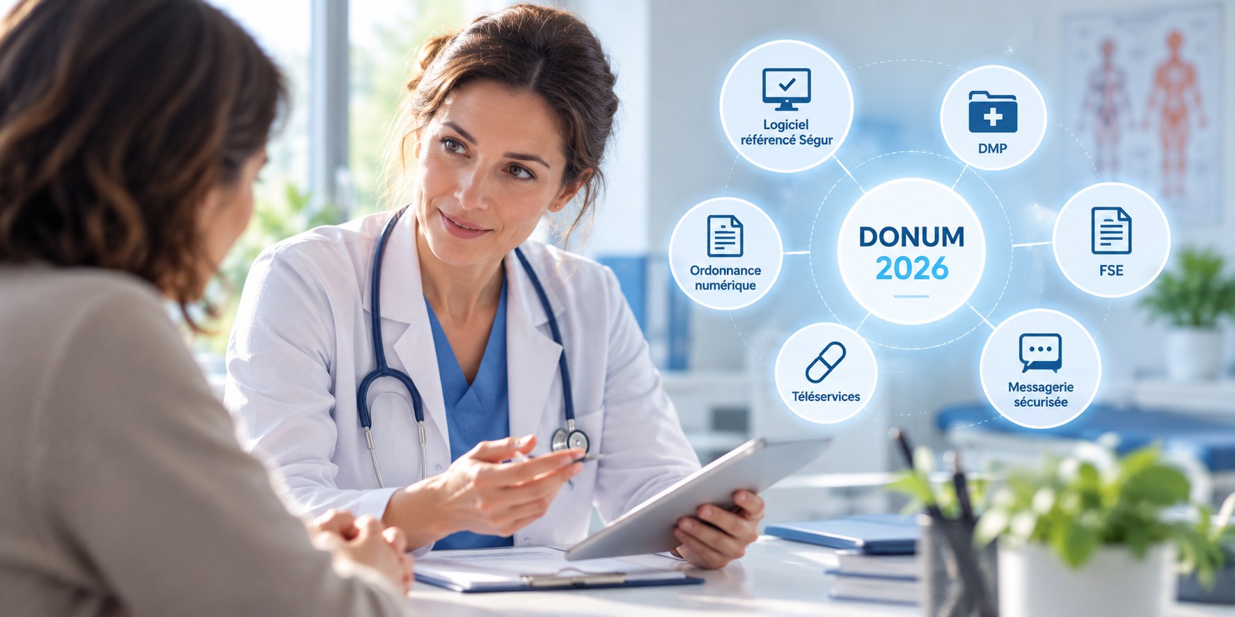 Une médecin en blouse blanche échange avec une patiente et lui présente une tablette, autour du programme DONUM 2026 : logiciel référencé Ségur, DMP, FSE, ordonnance numérique, téléservices et messagerie sécurisée.